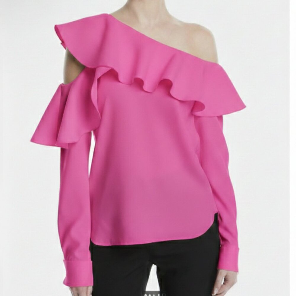 Oscar de la Renta Silk Georgette Cold Shoulder Ruffle Blouse Pink NWT Size 4